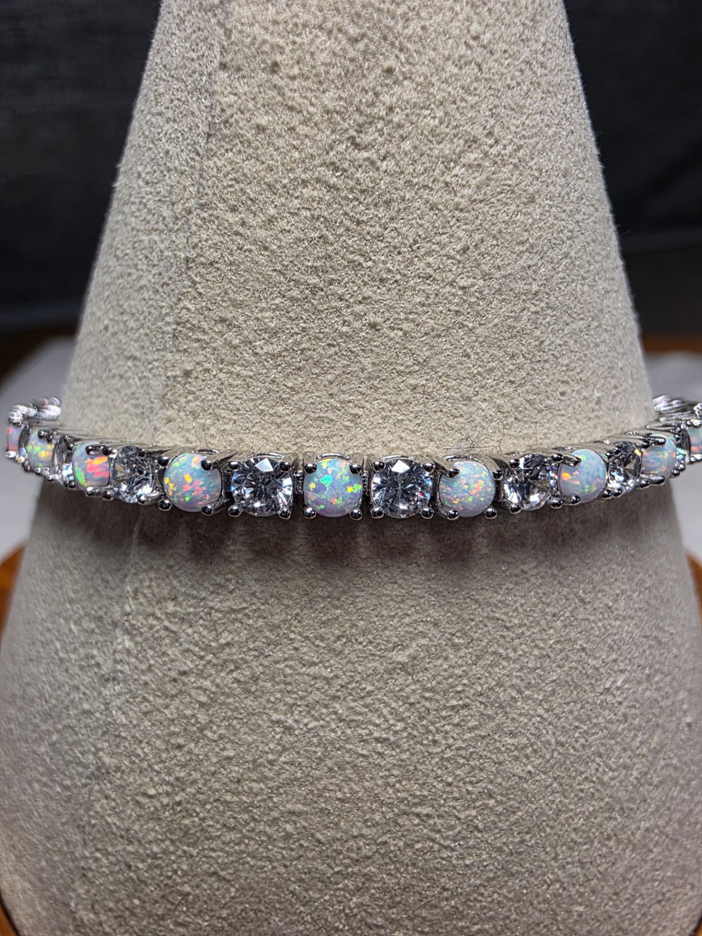 7" 3.0mm Natural Opal Tennis Bracelet Box Clasp, Prong 925 Sterling Silver
