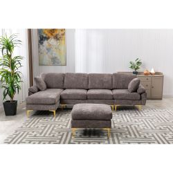 European Style Polyester Sectional Sofa with Iron Feet and Ottoman 