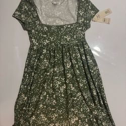 Dark Army Green White Floral Lace Babydoll Dress w/ Cap Sleeves Women's S