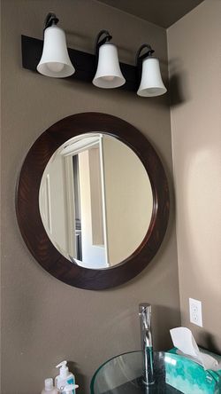 Round Wall Mirror with Dark Wood Frame