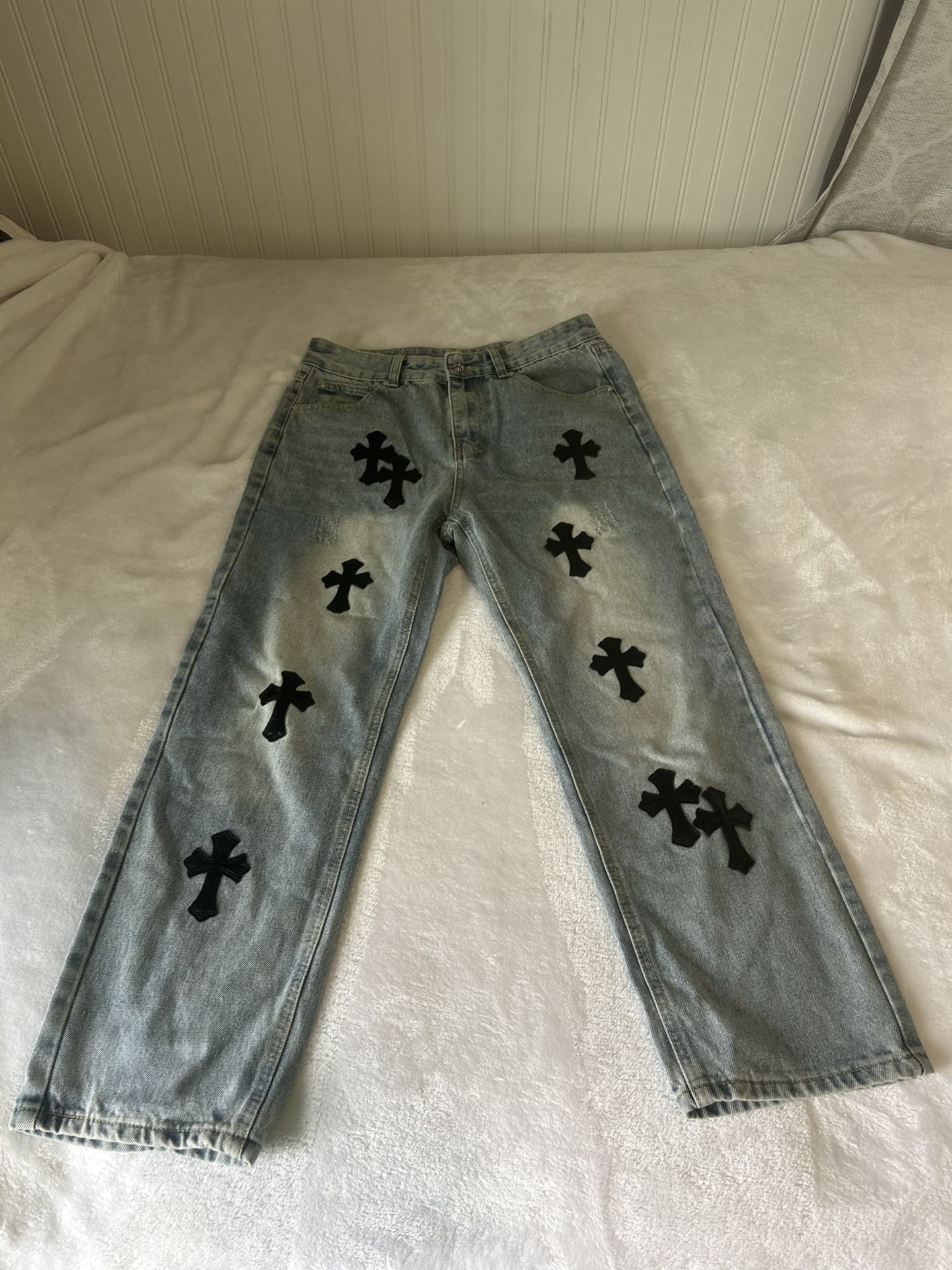 1/1 Chrome Heart Jeans With Cross Patches 