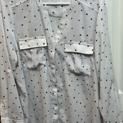 ANA A New Approach Shirt Roll Up Sleeve Size XL Petite White With Black Star Print