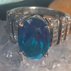 Genuine Blue Topaz Signed Sterling Silver Ring Size 8 With Quartz Accents