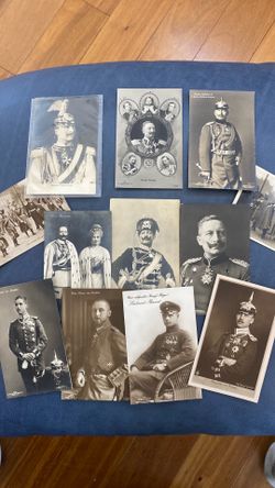Antique genuine German postcards features a prominent central portrait of Kaiser Wilhelm II in military uniform his family Prince Oscar .