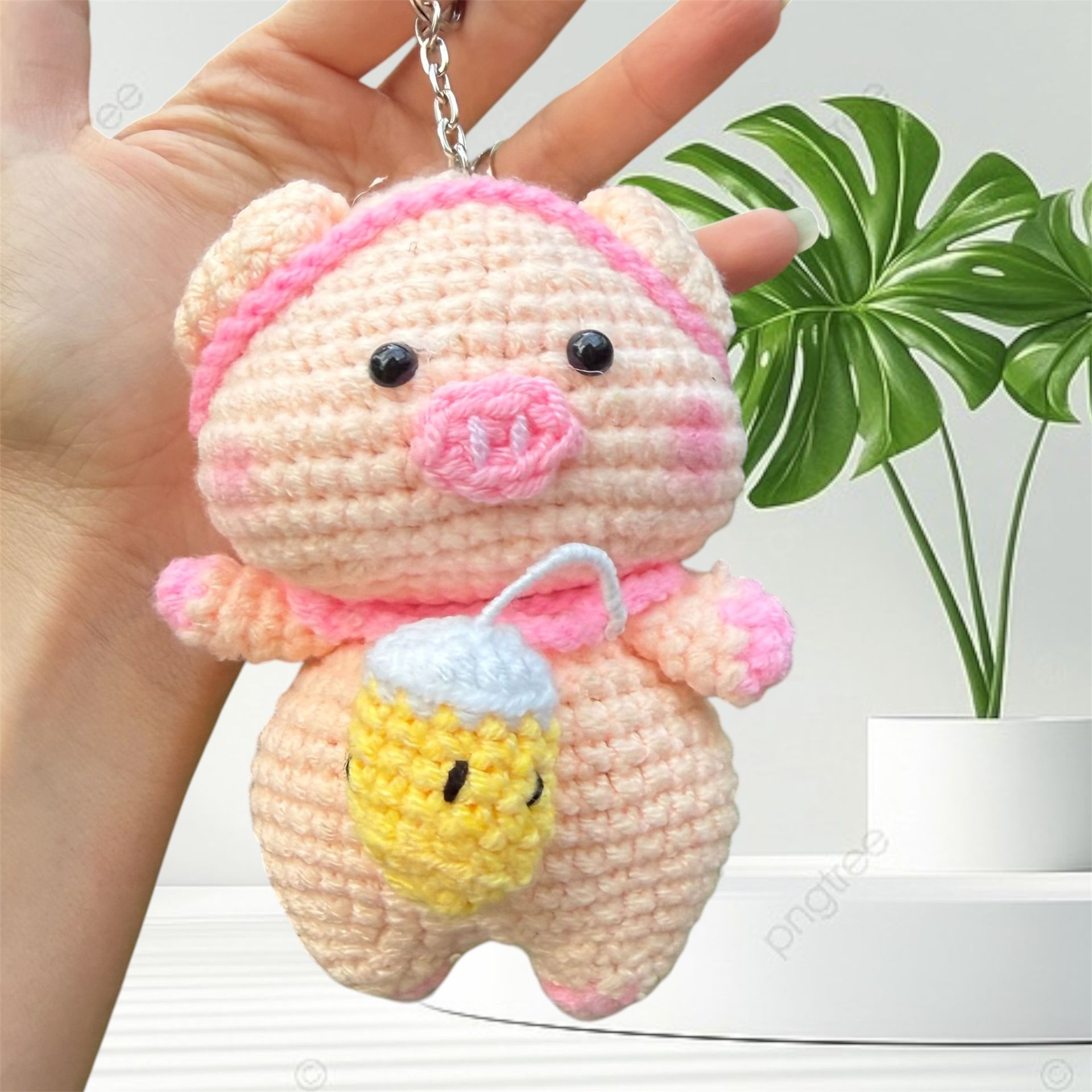 Cute Gift Handmade Yarn Knit Crochet Collectible Pig with boba cup Keychain