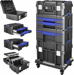 2418g $120  5 Tier Stackable Tool Box with Wheels,Rolling Tool Box with Drawers,Modular Tools Organizer,Portable Tool Box with Transparent Parts Box,L