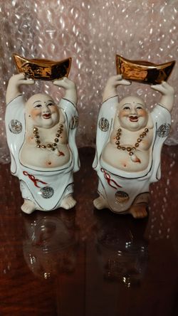 Vintage Chinese Laughing Buddha Holding Ingot Overhead Figurine