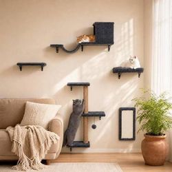 new 6-in-1 Cat Wall Shelves for Indoor Cats, Wall Mounted Furniture with Bed, Cave, Perch & Scratching Post, Multi-Level Climbing System, Space-Saving