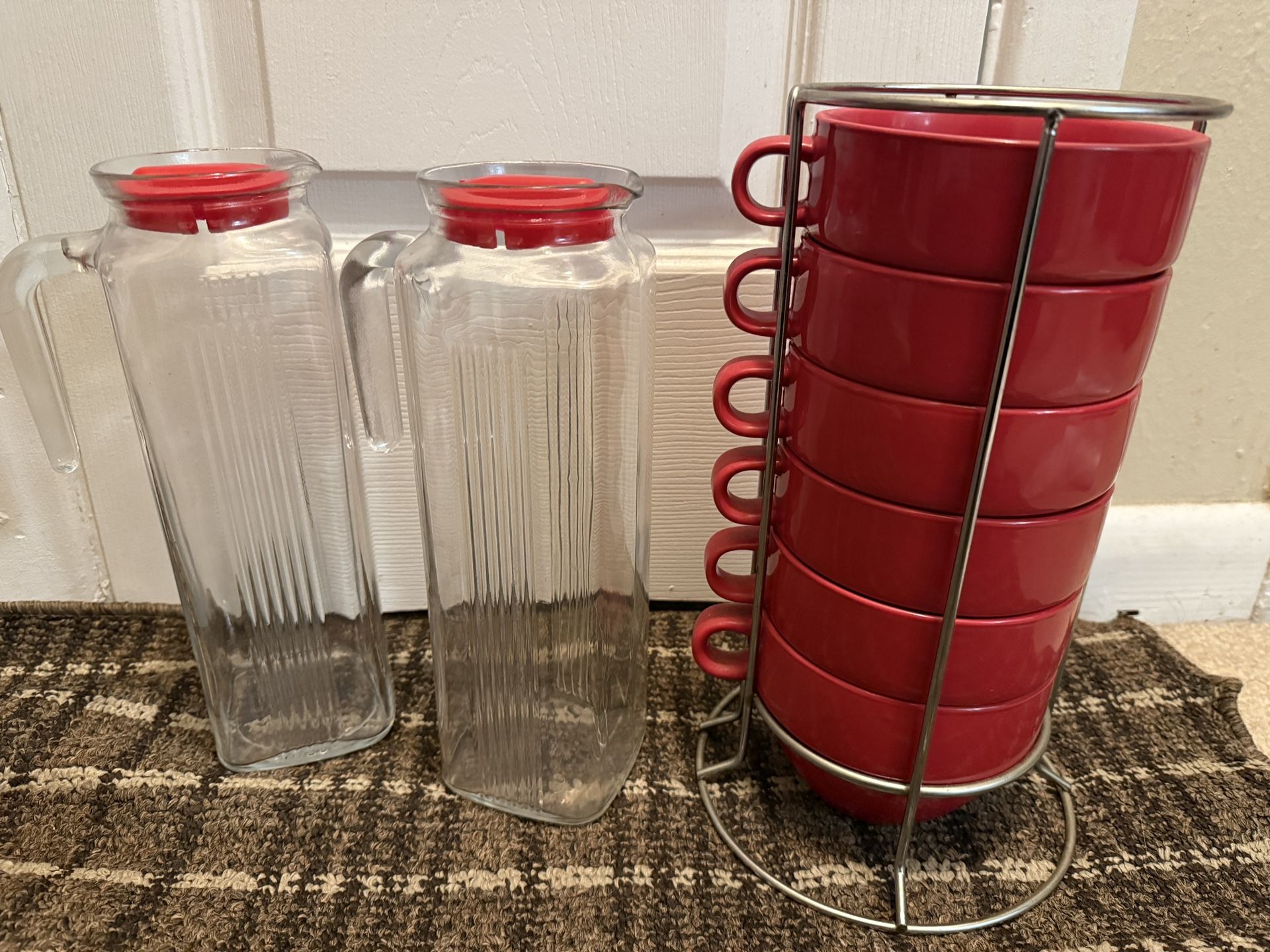 Set Of Red Bowls And 2 Red Pitchers