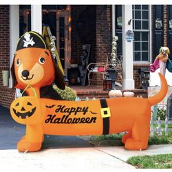 GOOSH 5 FT Halloween Inflatable Outdoor Dog with a Pumpkin & Pirate Hat, Blow Up Yard Decoration with LED Lights 