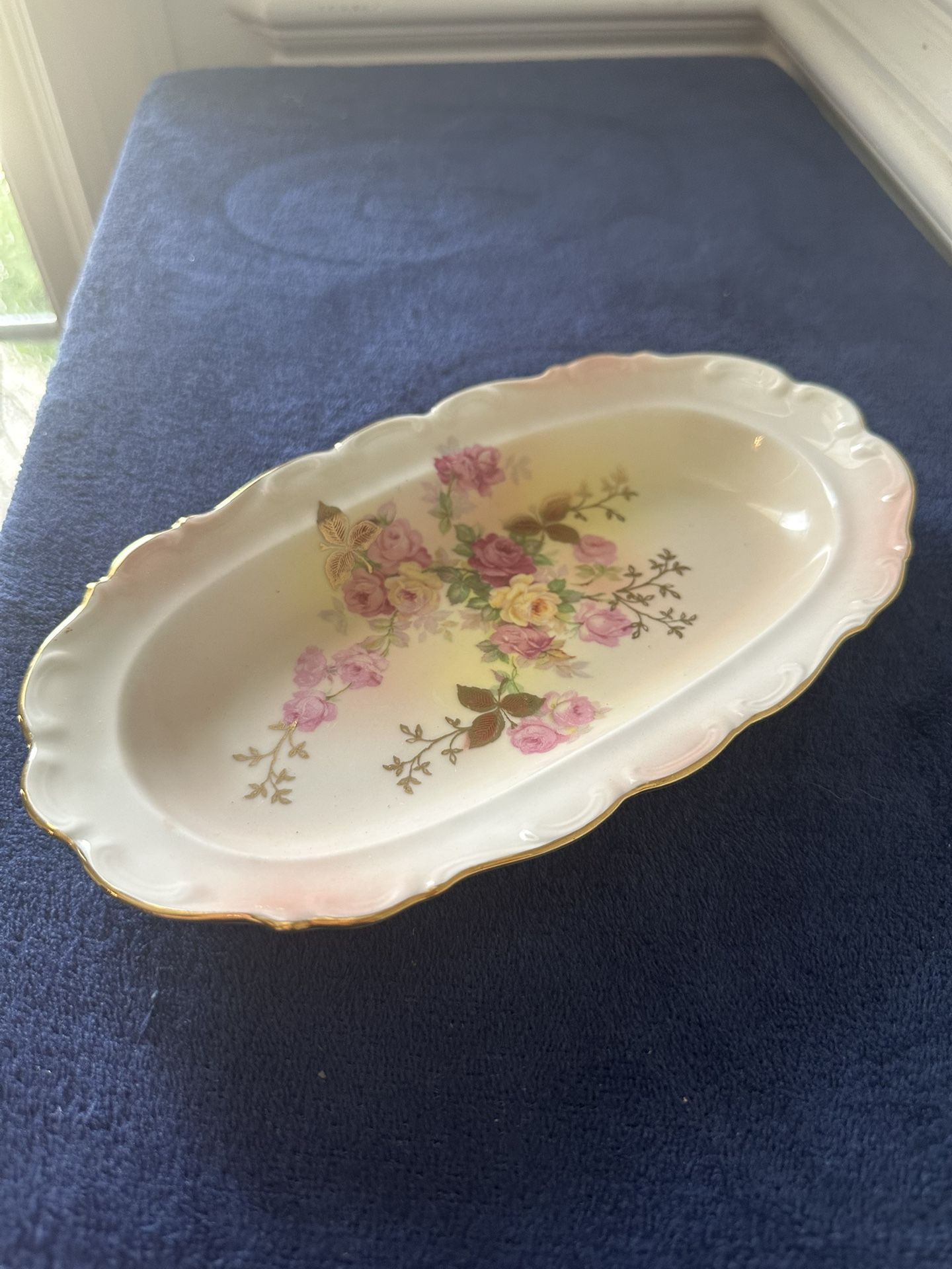 German Schumann Arzberg Golden Crown Sunset Rose Oval Relish Tray