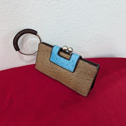 The Limited Brown Blue Ostrich Coin Purse Wallet Clutch Ring Wristlet Handle