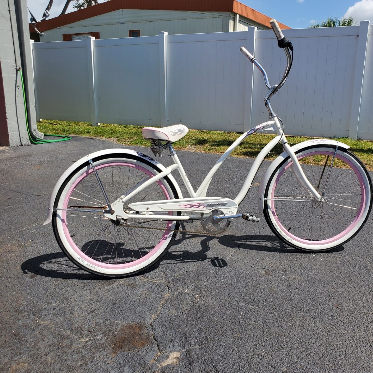 Electra Betty 3 speed beach cruiser with flames flame tires pink rims white walls