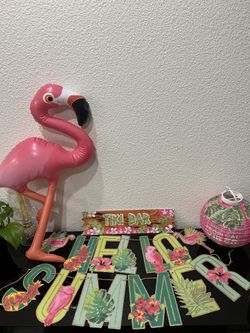 Hello Summer Banner Tropical Vibes Lantern Tiki Bar Sign Flamingo Inflatable 