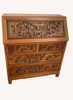 Vintage Asian/Oriental hand carved wooden drop leaf or secretary desk.