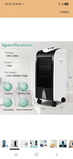 Portable Evaporative Air Cooler with Fan and Humidifier