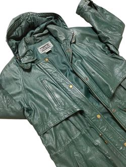 Vintage Otello Pelle Forest Green Leather Hooded Utility Jacket