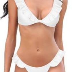 SHEKINI Women's Small Venice White Ruffle Flounce Bikini Two Piece NWT