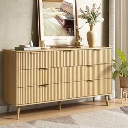 Fluted 7 Drawer Dresser for Bedroom, 55" Wide Wooden Chest of Drawers with Rounded Corners, Gold Handles, Modern Storage Organizer for Bed