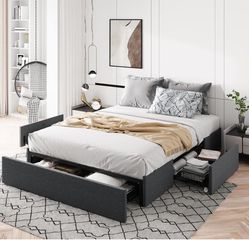 New in box Full Size Platform Bed Frame with 3 Storage Drawers, Fabric Upholstered, Wooden Slats Support, No Box Spring Needed, Noise Free, Easy Assem
