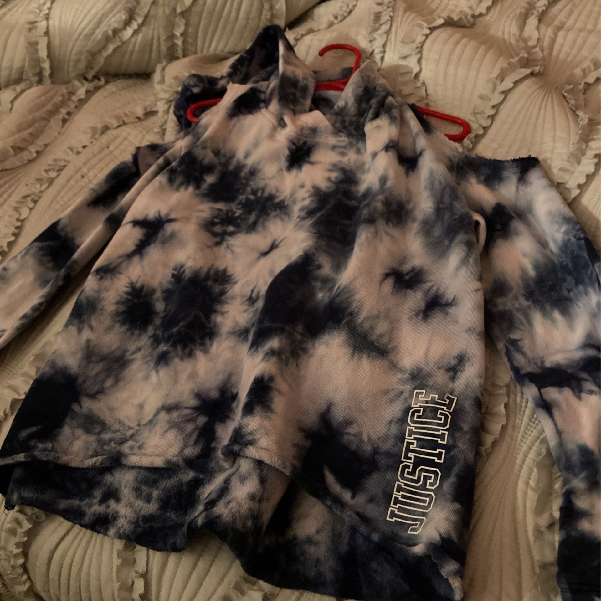 Justice Blue Tie Dye Shoulder Cut Off Hoodie 