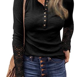 EVALESS Womens Casual V Neck Lace Crochet Long Sleeve Tunic Tops Ribbed Knit Button Down Henley Shirts Blouse