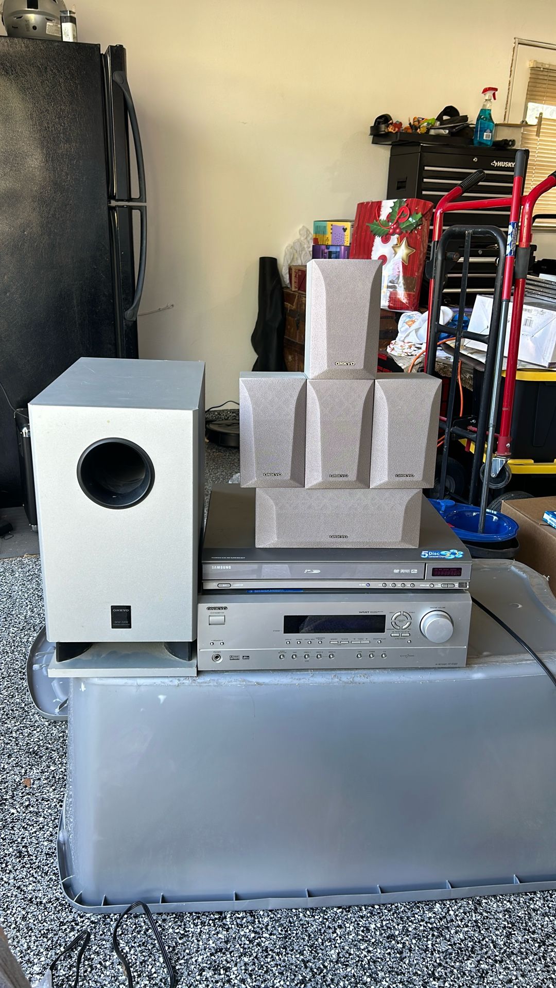 Onkyo Audio Receiver And Surround Sound System With Samsung 5disc CD Changer. All Wires And Cables