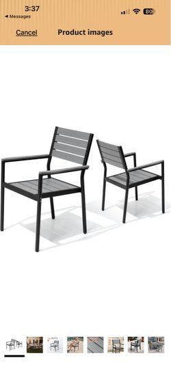 Stackable Outdoor Patio Dining Chairs Set of 2 Aluminum Armrest Chairs with Wood-Grain Gray Finish & 19.4" Seat Depth, All-Weather for Garden, Lawn, D