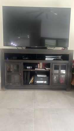 Dark Brown Wood TV Stand with Glass Doors