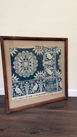 1849 antique blue and white Jacquard coverlet, woven by A. Wolf in Ohio