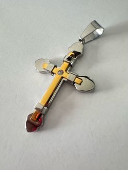 NEW Two-Tone Stainless Steel Cross Pendant - Gold & Silver Crucifix with Rhinestone