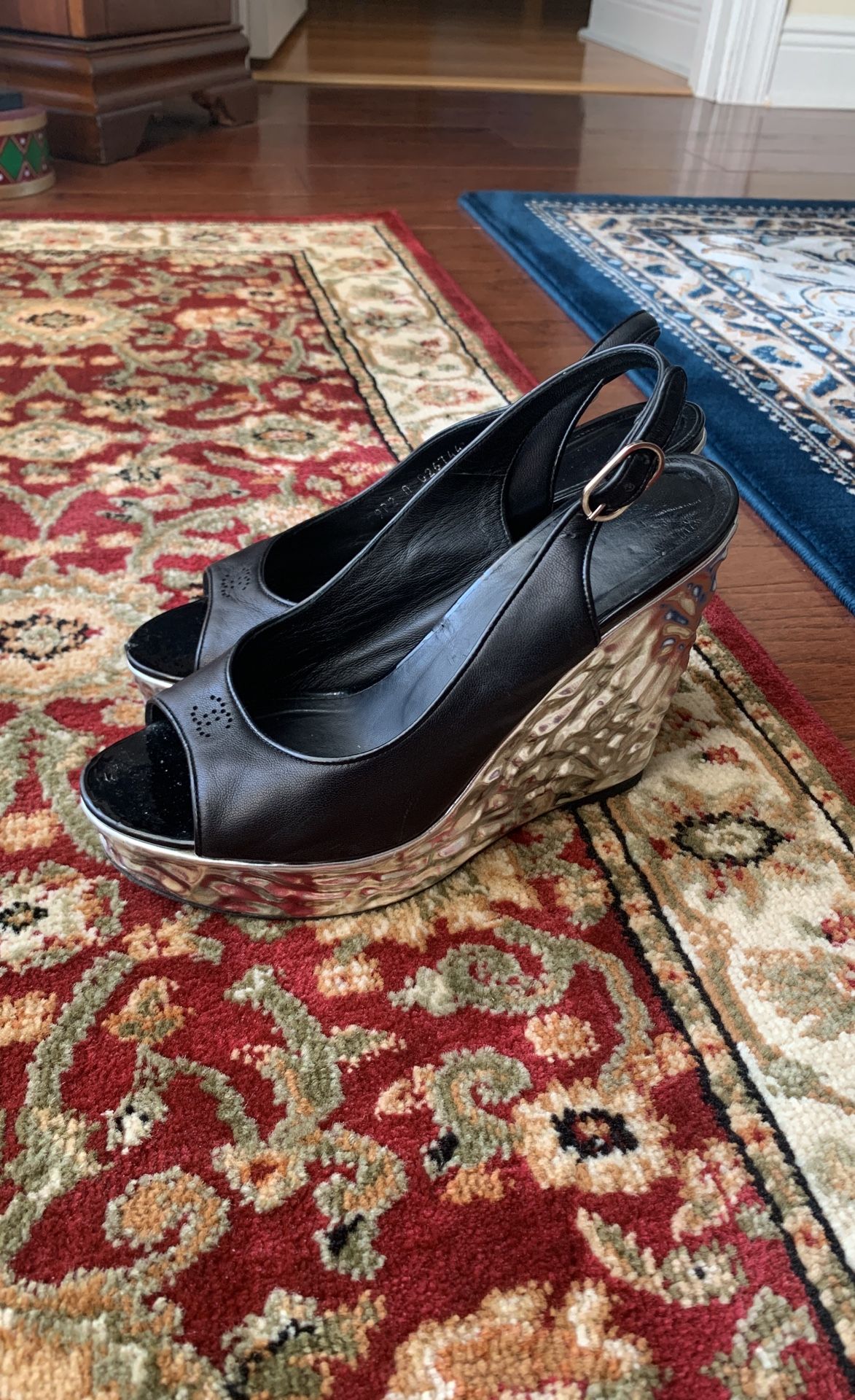 Pre-owned Black Leather Chanel Wedge 5” Heels, Sandals Size 38 1/2