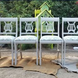 RARE Antique 4 Set Duncan Phyfe Lyre Harp Back Chairs New Upholstery

