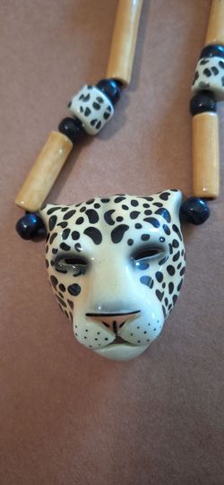 ​Vintage 80s Ceramic Leopard Mask Statement Necklace Safari Spotted Cat Bead