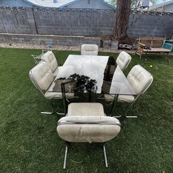 Vintage Dining Set 6 Chairs Chrome Tubular Smoke Glass Faux Leather 1970’s 