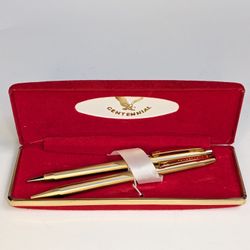 VINTAGE GOLD COLORED CENTENNIAL PEN & PENCIL WRITING SET IN BOX