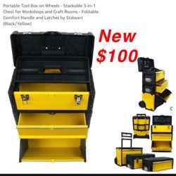 New Portable Tool Box on Wheels - Stackable 3-in-1 Chest for Workshops and Craft Rooms - Foldable Comfort Handle and Latches by Stalwart $100 