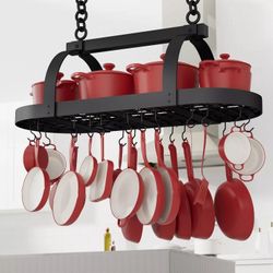 KES 48 Inch Large Hanging Pot Rack, Heavy Duty Oval Pot and Pan Hanging Rack Ceiling Mount, Pot Pan Hangers for Kitchen with 20 Hooks, Matte Black, (F