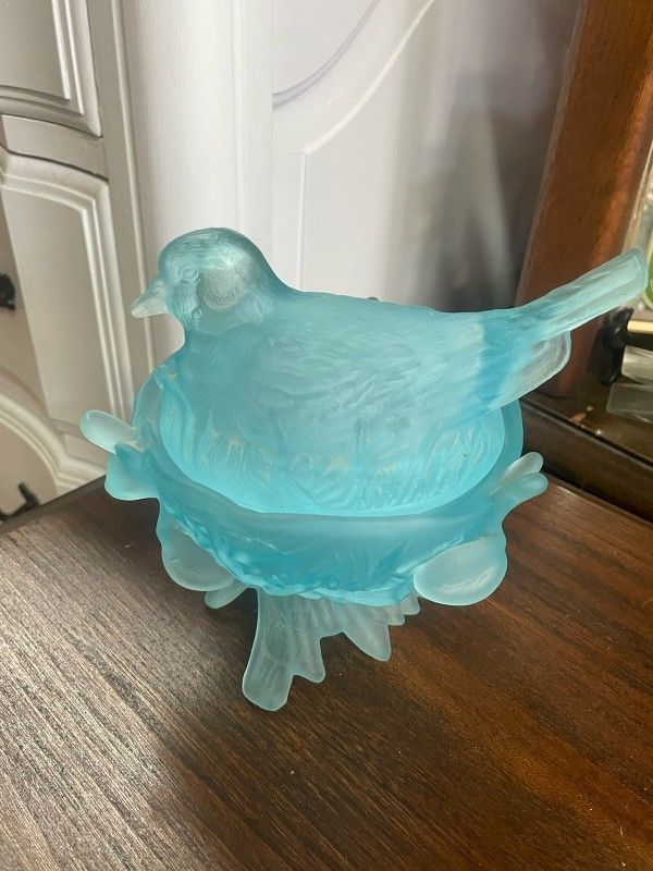 Antique Blue Satin Glass Covered Bird Basket