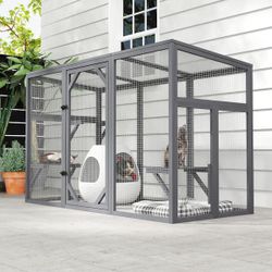 Cat Catio,  Large Gray Wooden 71 inch wide  Cat Enclosure with Tilted PC Sun Roof,  NEW