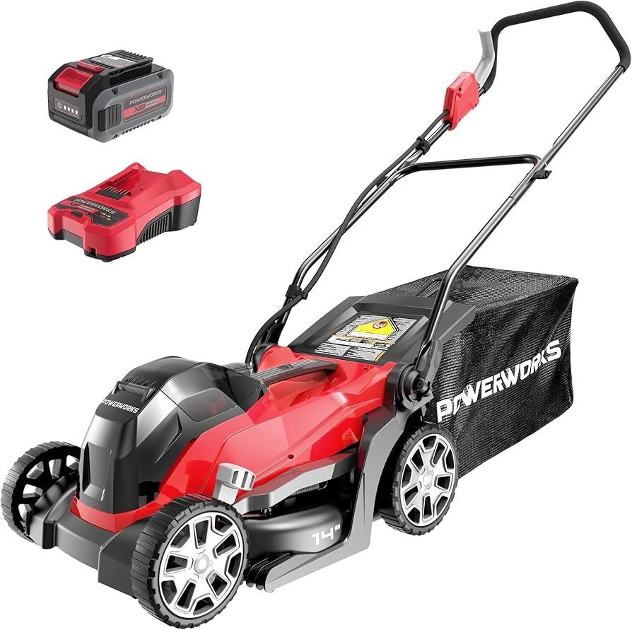 POWERWORKS XB 40V 14" Cordless Push Mower, 4Ah Battery and Charger Included LMF334