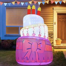 Birthday Inflatables Outdoor Decorations Cake with Candle, Happy Birthday Blow Up Yard Decorations 6.4FT with Colorful Rotating LED Lights for Party Y