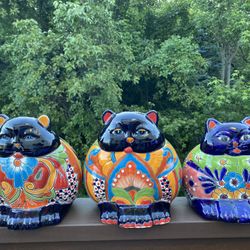 Set Of 3 Flower Pots - Cat Figurines, hand-made Mexican Folk