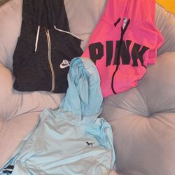 Lot Of 3 Women's Pink & & Nike Hooded Sweatshirts All Are LOVINGLY USED Normal Signs Of Wear No Major Defects Med Large Med x2 Full Zip~Up x1 Pullover