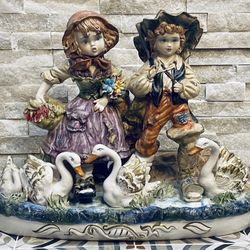 Stunning Extra Large VTG Italian Capodimonte Boy & Girl Figurine 20” W X 15.5” T