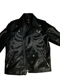Forever 21 Men’s Black And Gray Skeleton Leather Jacket