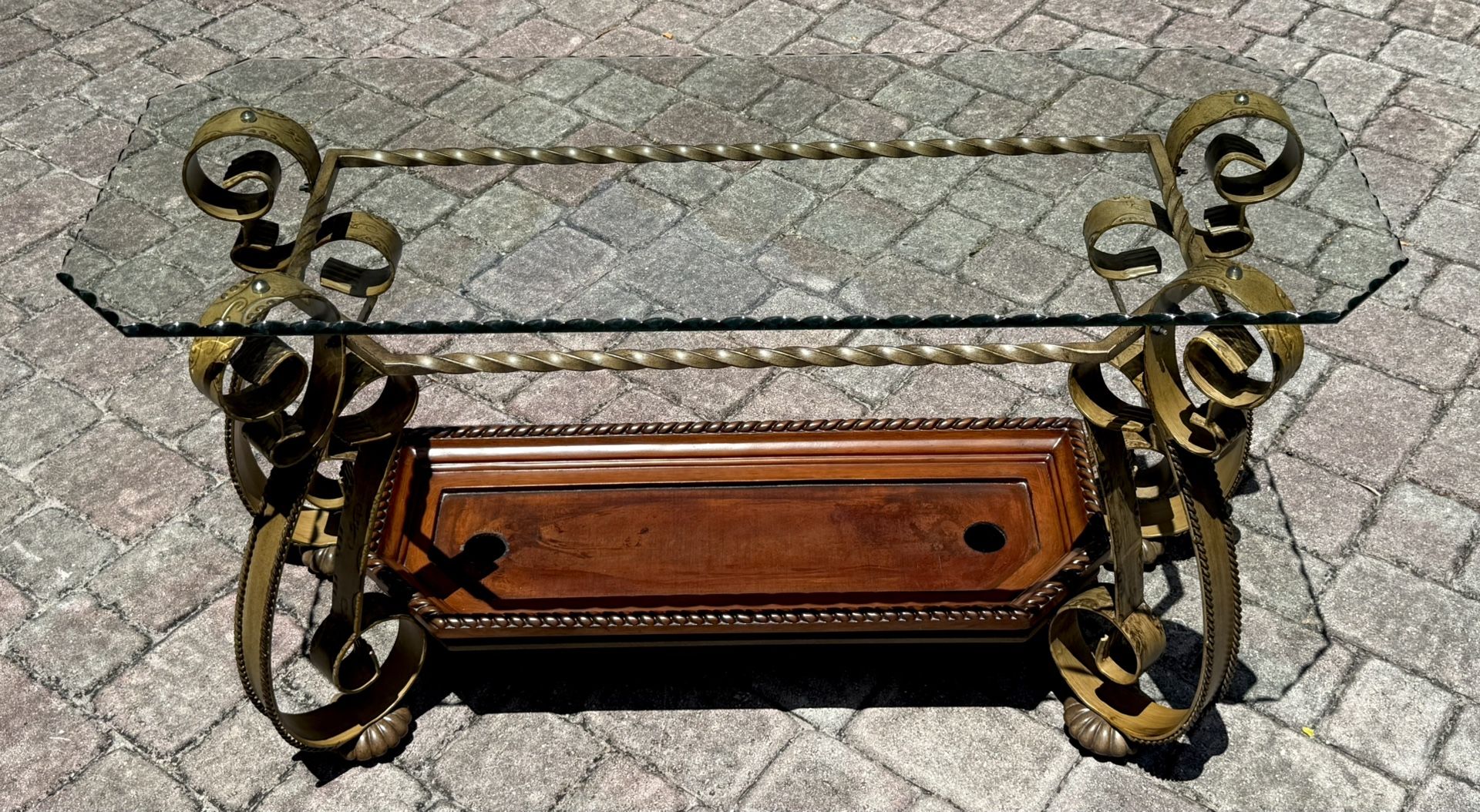 ⚡️ Heavy Ornate Glass Console Table – Wrought Iron & Wood Base