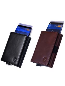 CAVAARTIS Bundle of 2 Designer Smart Wallet | Premium Genuine Leather | RFID Protection | Minimalist | Quick Release Cards | Black Caviar + Burgundy