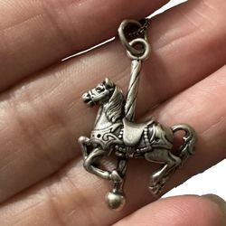 928 Sterling Silver Carousel Horse Pendant and 13" Silver Chain