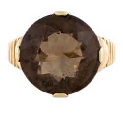 14K Yellow Gold 10.34 Carat Round Faceted Smoky Quartz Cocktail Ring